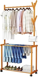 Supports À Vêtements, Porte-Vêtements À Roulettes En Bambou Support À Linge Multifonctionnel Avec Crochets Pour Manteau 4 Pieds, Étriers De Suspension 1 Tringle Et Pantalon À Pantalons À 2 Niveaux