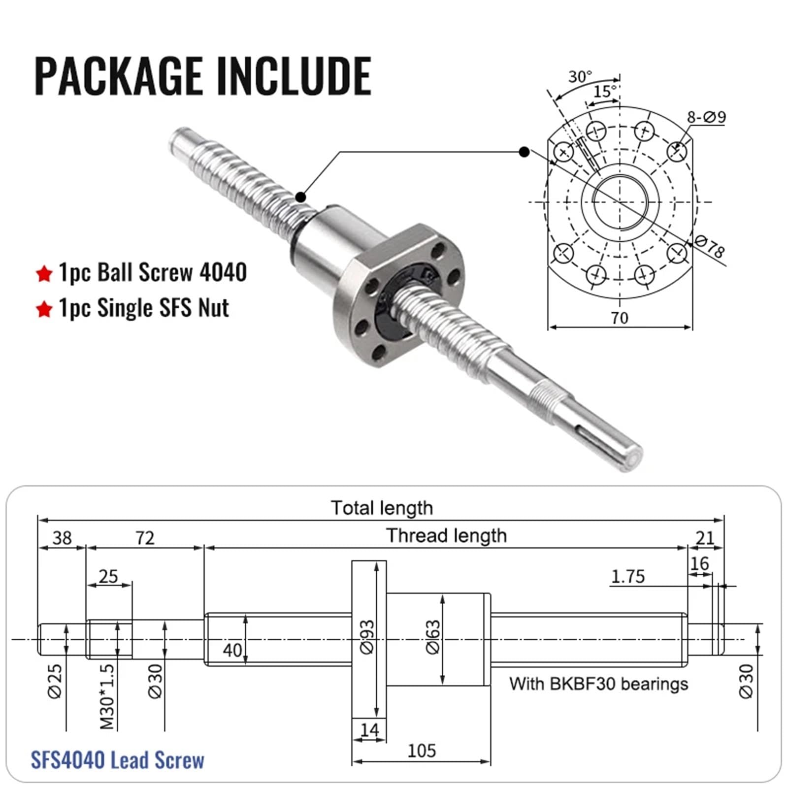 1PC Precision Ball Screw 2510/2525/3205/3210/3220/3232/4010/4020/4040 Diameter25/32/40mm Length1200-2550mm+Single Flange SFS Nut(SFS4040,1850MM)
