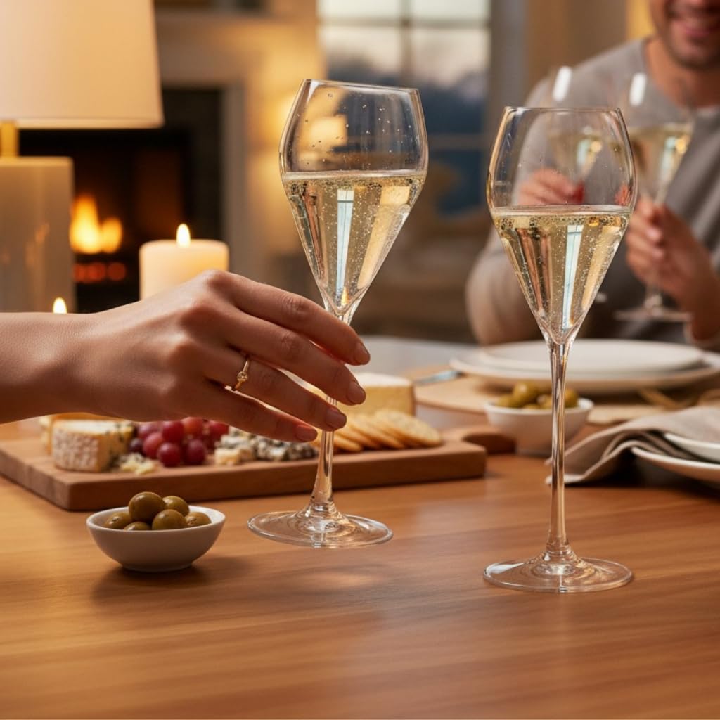 Champagnergläser 6 Gläser Set Serie Mode, Prosecco Glas mit moderner und markanter Form, spülmaschinenfest, Premiumqualität inklusive Glaspoliertuch