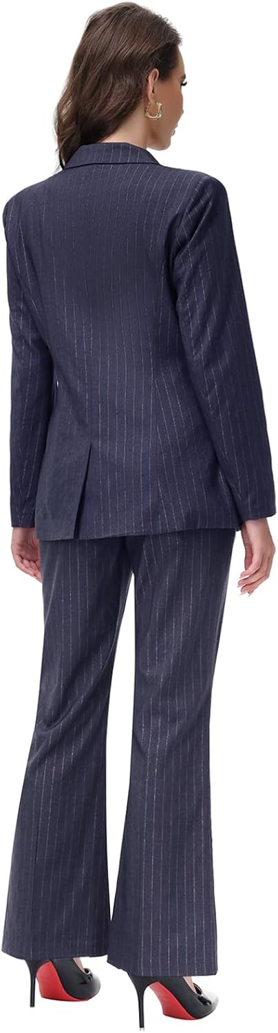 Lamgool Women's Pinstrip Suit Gold Lines 2 Pieces Slim Fit Business Blazer Flared Pants Set for Work - Image 5
