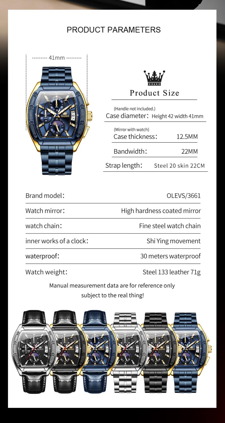 OLEVS Mens Watches Analog Quartz Chronograph Square Dress Watch for Man Stainless Steel or Leather Band Waterproof Luminous Date Male Watch