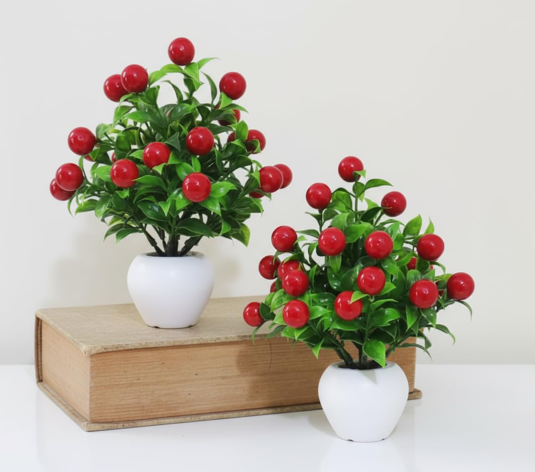 Artificial Cherry Fruit Plant for Home Décor – Red Berry Mini Tree with White Ceramic Pot | Tabletop Decorative Plant for Living Room, Bedroom & Office | Pack of 2-image-4