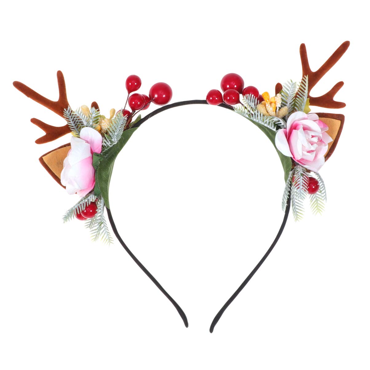 LEORX 1pc Christmas Antler Headband Deer Hair Band Flower Berry Headdress Reindeer Hair Accessories for Party (Red)