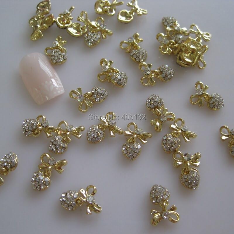 MD-743 3D 50pcs/Bag Crystal Rhinestone Gold Bow Heart Nail Decoration Metal Shinny Deco Metal Nail Art Decoration