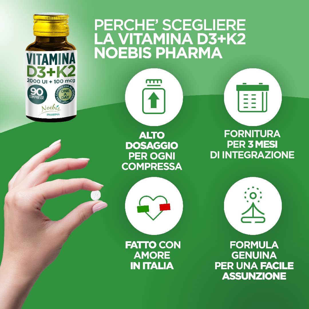 Vit D3 + K2 Noebis Pharma - 2000 UI + 100 mcg MK-7-90 Compresse - Ossa, Denti, Muscoli e Sistema Immunitario
