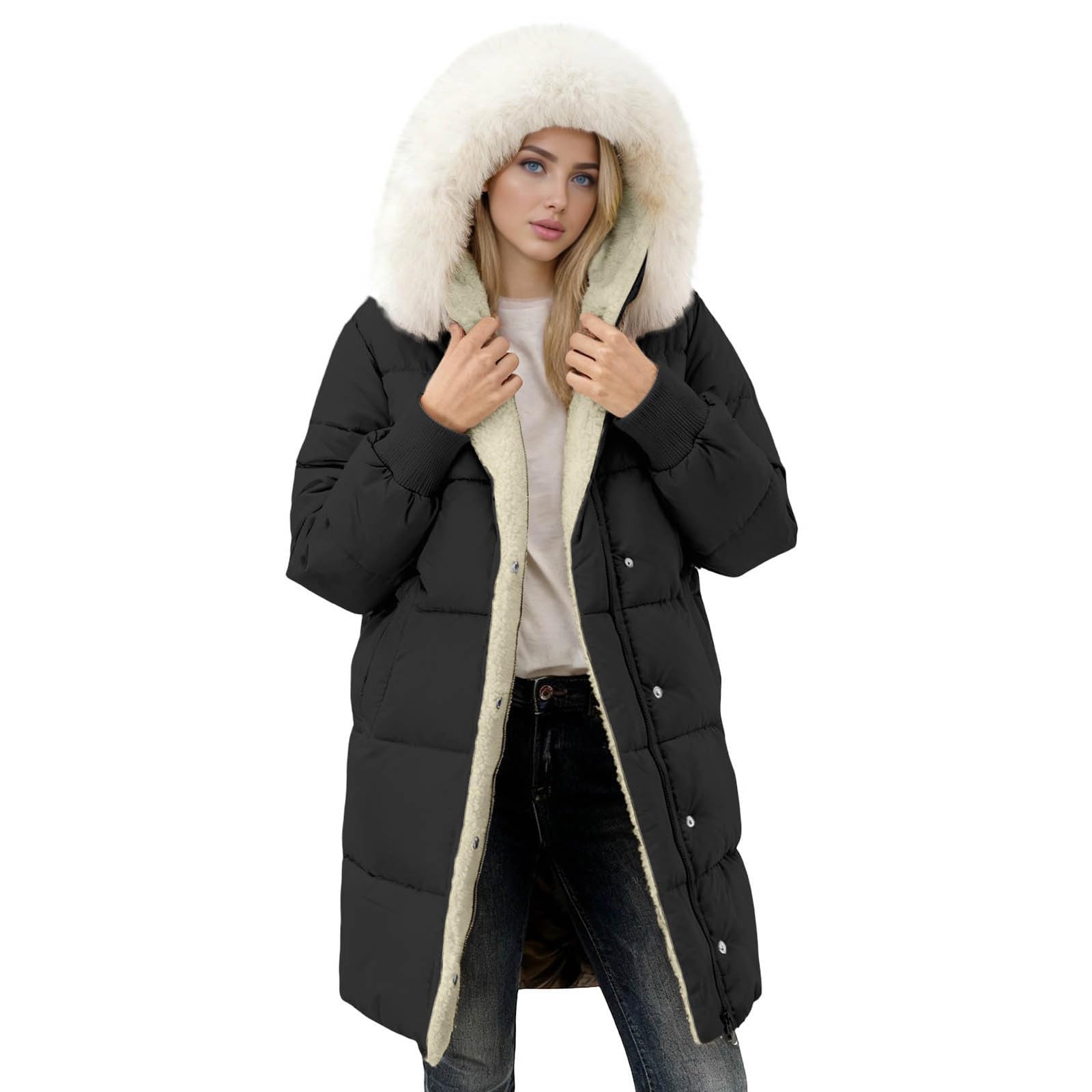 Generisch Wintermantel Damen Lang Winterjacke Elegant Puffer Jacke Warm Gefüttert Winterparka Winter Mantel Parka Steppmantel Reißverschluss Daunenmantel Pufferjacke mit Kapuze und Taschen