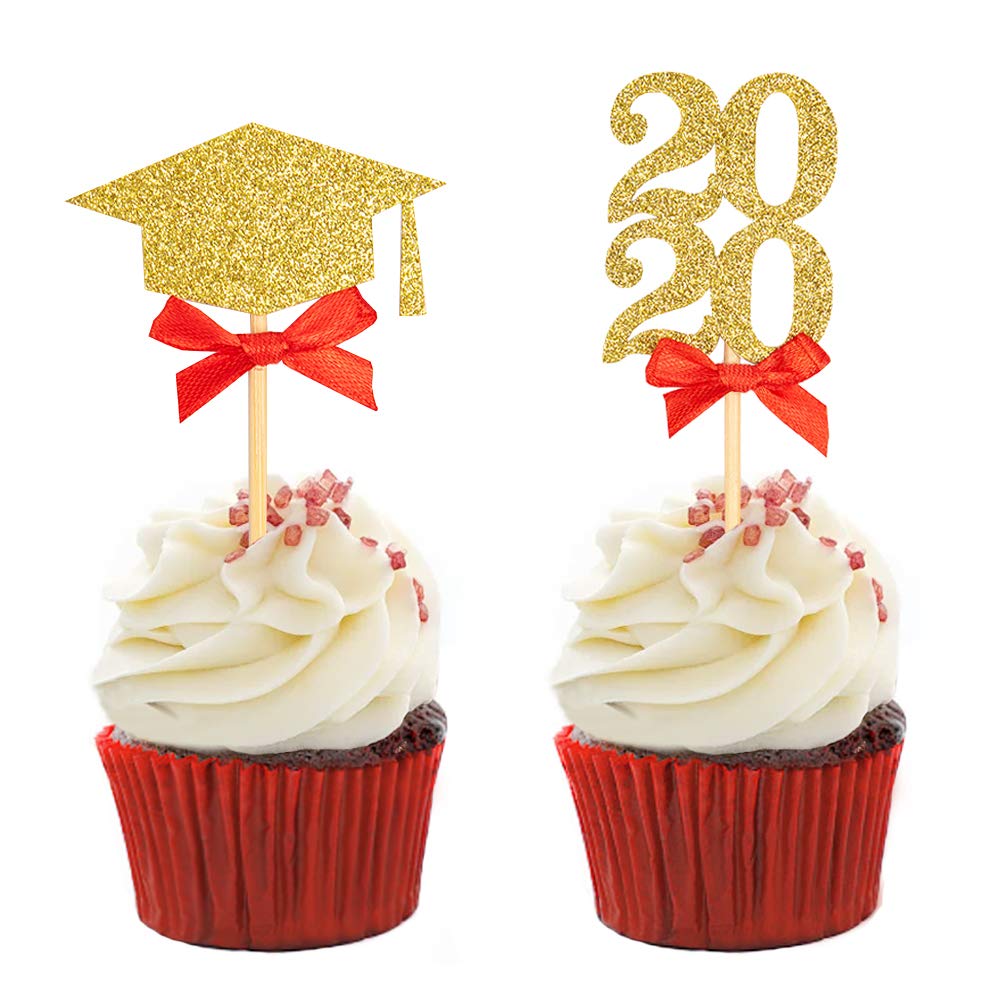 Graduation Cupcake Toppers, Food/Appetizer Picks for Graduation Party Cake Decorations 24pcs(Red)