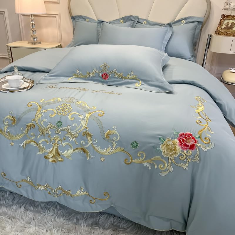 Image of JJ's Imported Skin Friendly Pure Washed Cotton Heavy & Beautifully Embroidered Wedding Style 5 Pcs King Size Double Bed Luxury Bridal Bedding Set with Heavy Comforter /Quilt (Light Blue 44)