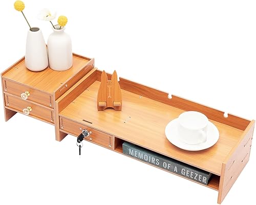 Soporte para monitor de computadora con cajones de almacenamiento, organizador de escritorio ergonómico de madera de cerezo, gabinete con cerradura