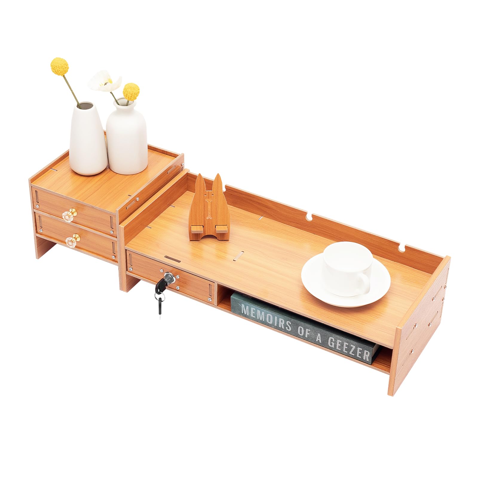 Supporto per monitor in legno, con 3 cassetti con serratura, altezza dello schermo, supporto da scrivania, angolo girevole di 180 gradi