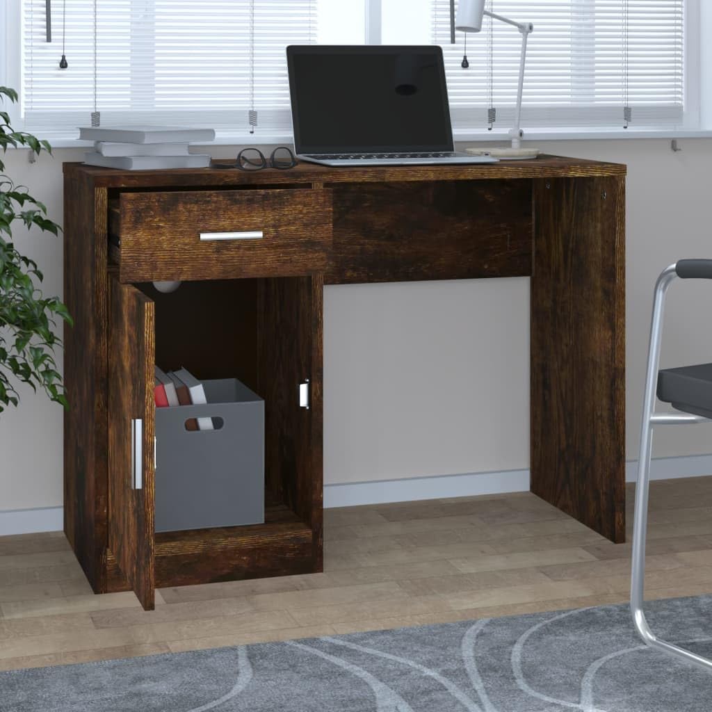 Schreibtisch Räuchereiche mit Stauraum 100x40x73 cm, Holzwerkstoff, Schublade und Schrank, kompakter Computer- und Home Office Tisch für kleine Räume und Büroorganisation