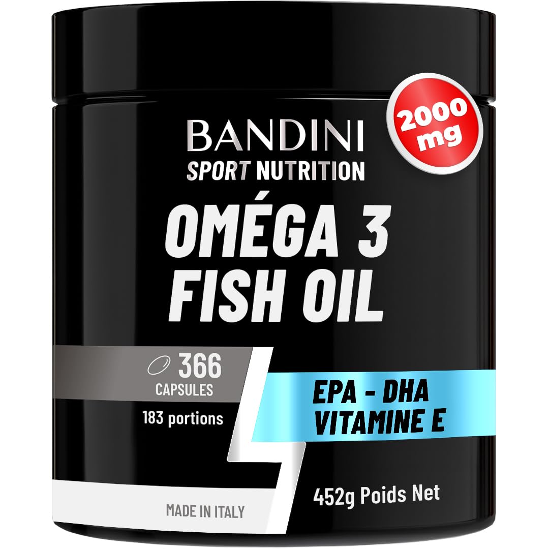 Bandini® OMEGA 3 Huile de Poisson 2000mg, 366 Gélules (180 Jours)- EPA DHA | 600mg de Triglycérides bio-actifs EPA et DHA, Oméga 3 pour cerveau, cœur | Sans arrière-goût et Odeur - Pur, Biodisponible