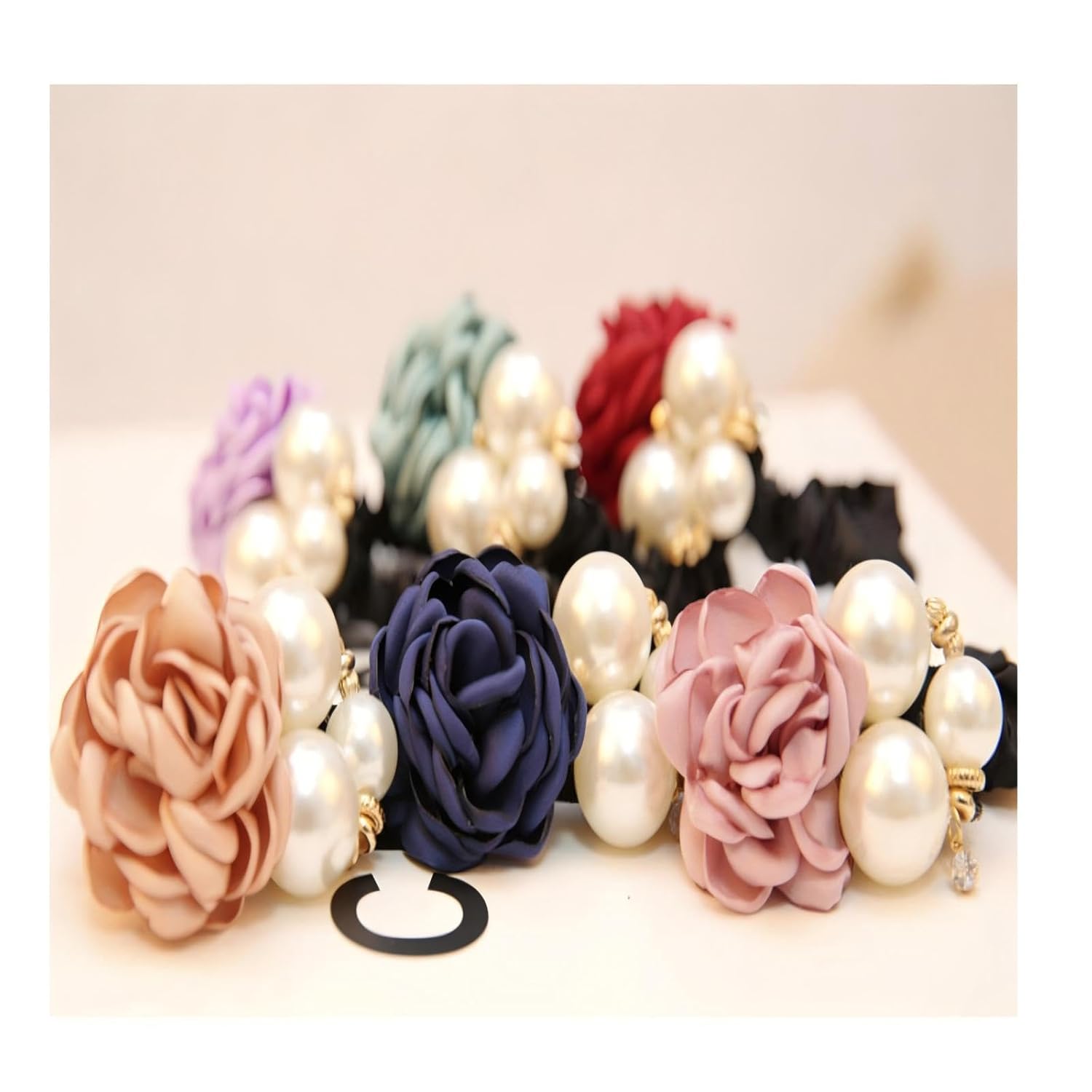 Flower hair scrunchies, Rose Pearl Hair Ties 12PCS, Rose Flower Rhinestone Black Elastic Hair, Pearl Hair, Bands Ponytail Holder Handmade.