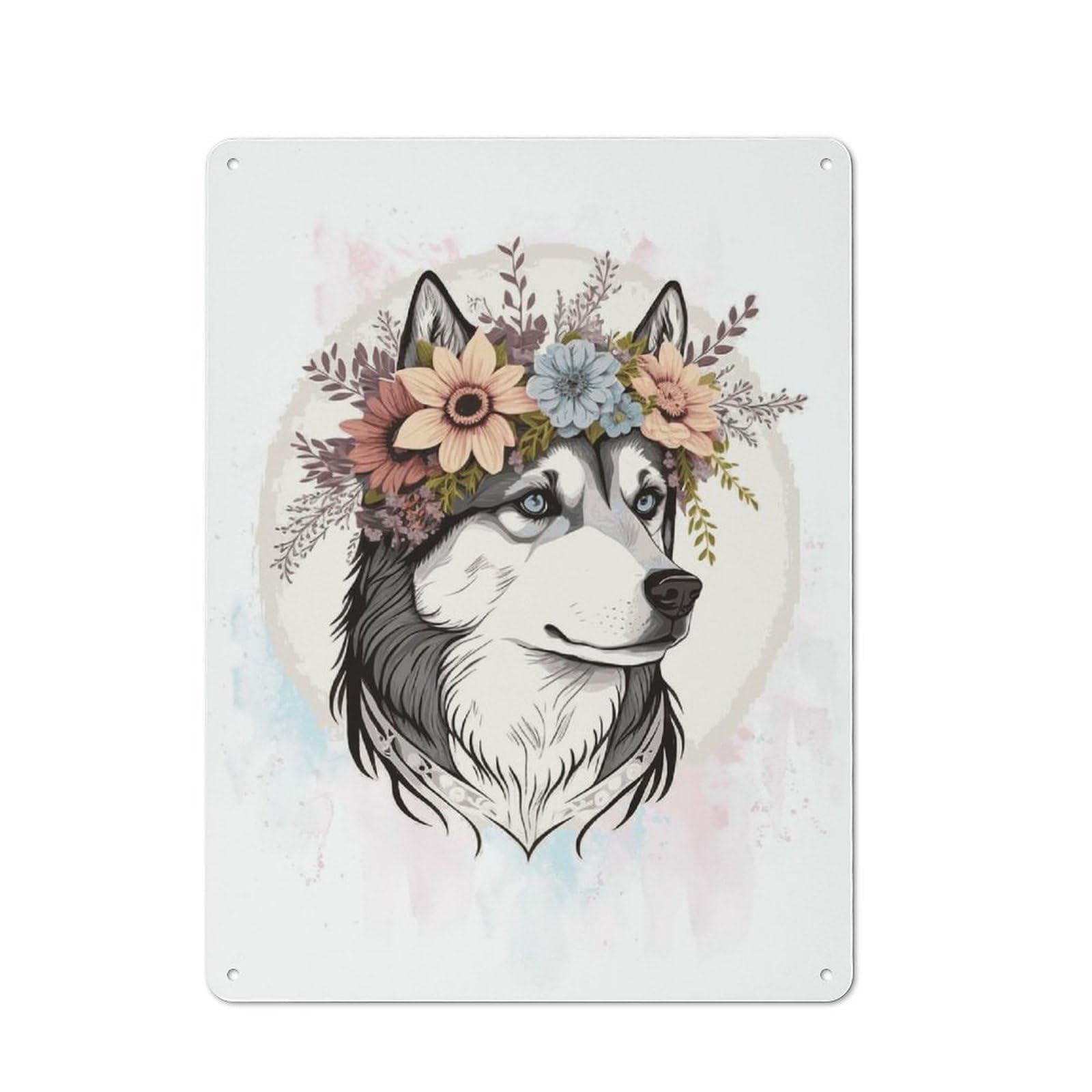 Junmoney Style-15 Floral Siberian Husky Dog Rustic Metal Wall Sign 40X30cm For Kitchen Or Home Bar, For Garage, Workshop And Man Cave Decoration
