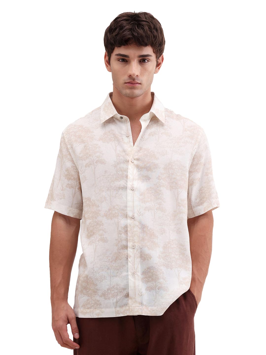 Men Regular Fit White Abstract Rayon Short Sleeve Button Shirt-image-2