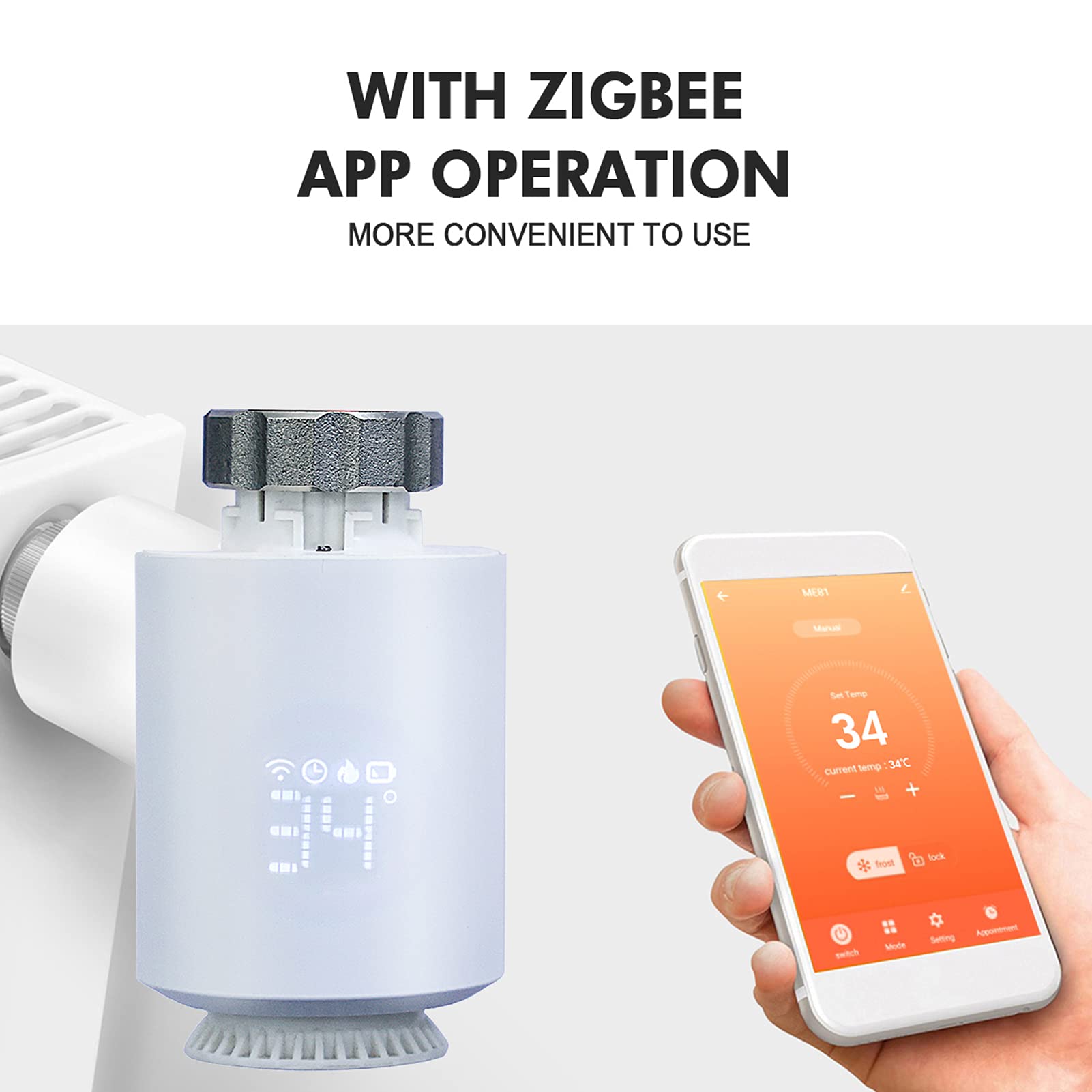 Compatibile con Alexa e Assistant per il controllo vocale a mani libere. Valvola termostatica intelligente che può essere controllata dal telefono prima di tornare a casa.