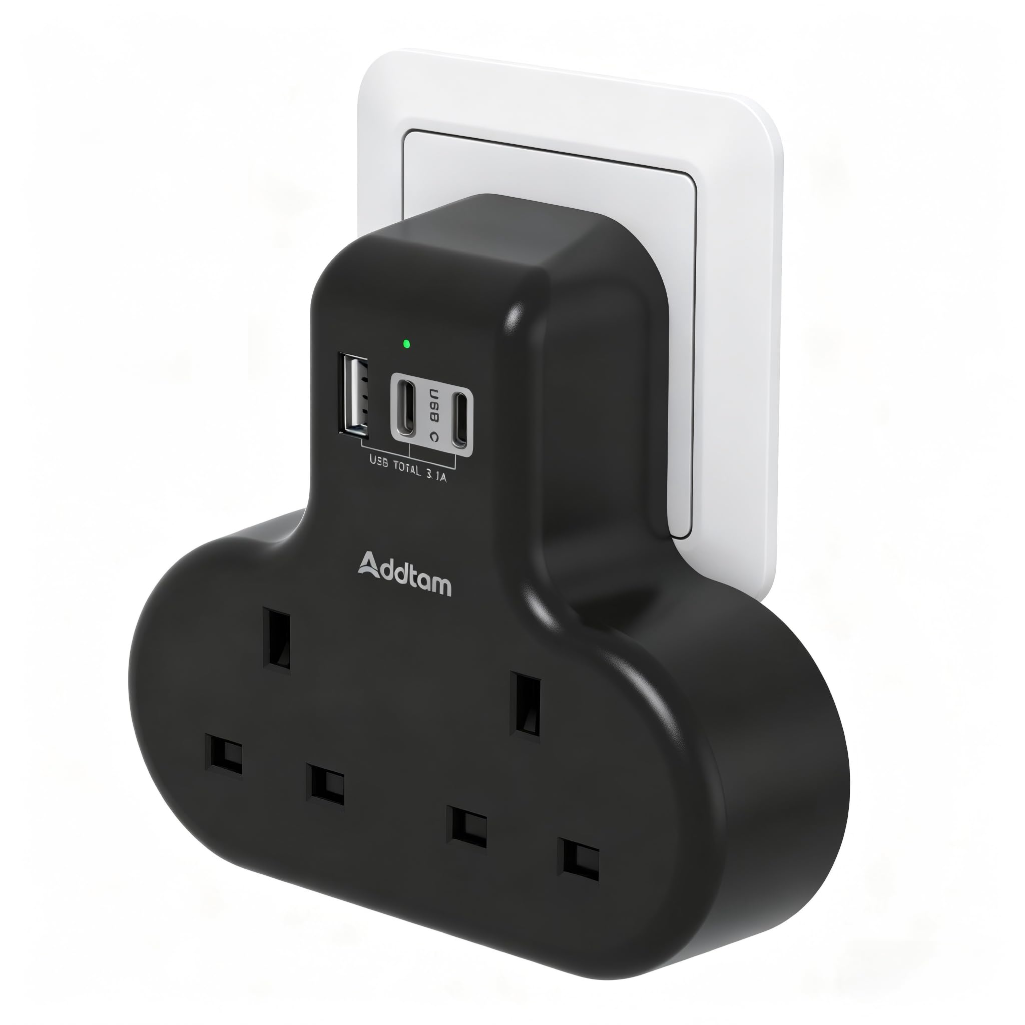 Addtam 2 Way Multi Plug Adaptor, Double Plug Extension with 3 USB Ports (2 USB-C), 13A UK 3 Pin Socket Extension for Home, Office & Travel (Black)