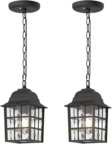 Paquete de 2 lámparas colgantes para exteriores, farol colgante de techo exterior con vidrio de agua, 1 lámpara colgante al aire libre, luz negra