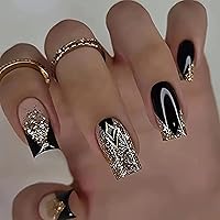 Vista 10 de Uñas postizas cortas negras a presión, con forma de ataúd, reutilizables, con pegamento, uñas adhesivas con diseños de llama plateada, uñas