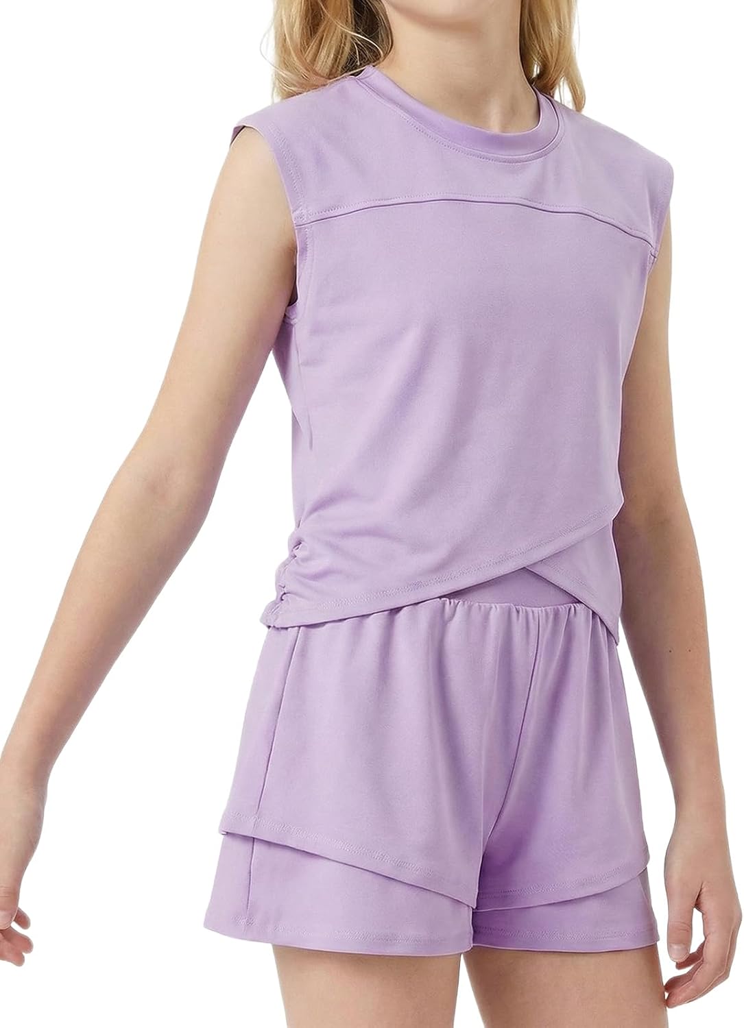 Girls 2-Piece Active Shorts Set Summer Outfits for School Casual | Side Ruched Cap Sleeve Diagonal Overlay Front Top & Layered Shorts
