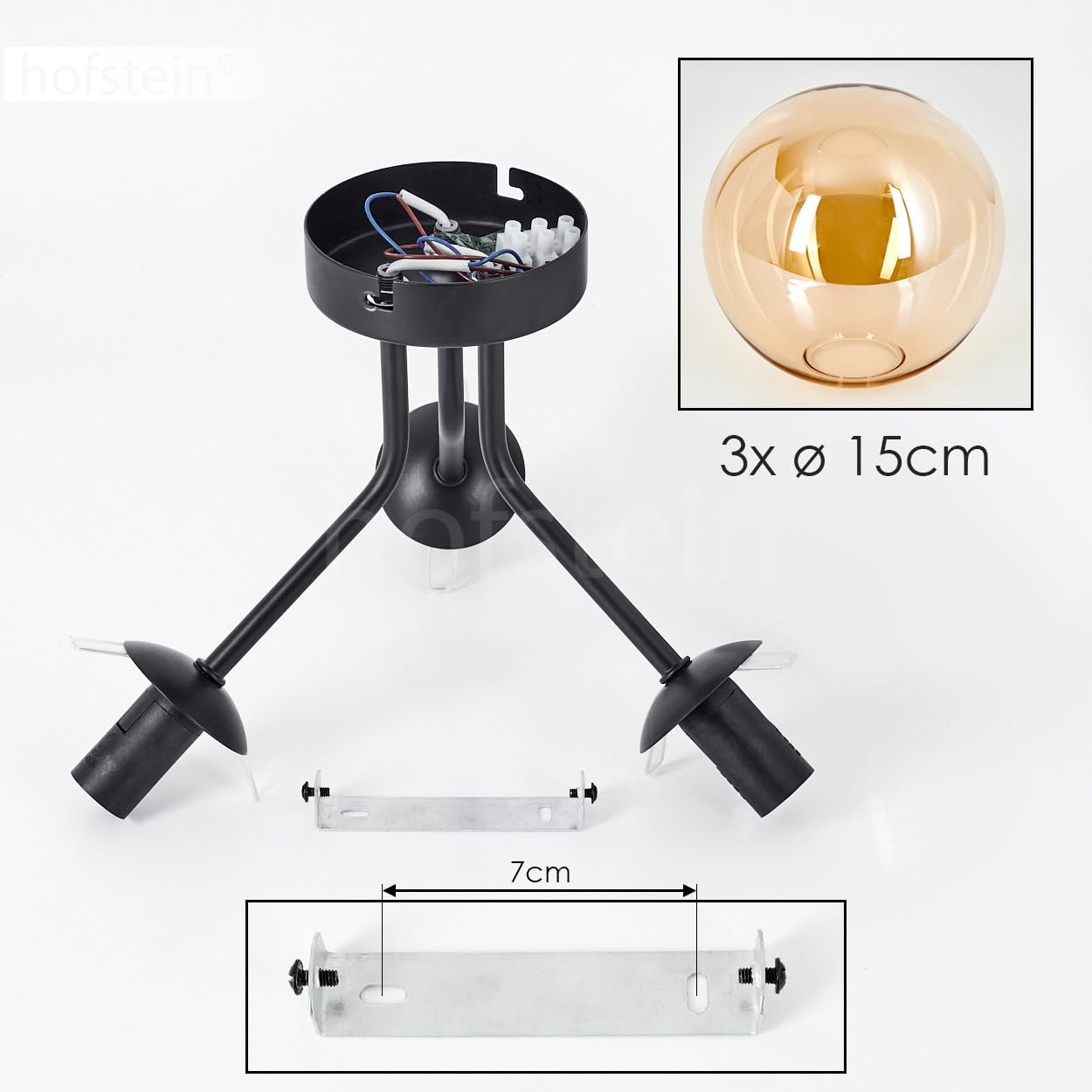 Plafoniera Koyoto, lampada da soffitto in metallo/vetro in nero/ambra, illuminazione moderna in stile retrò/vintage con paralumi in vetro, Ø 15 cm, 3 x E14, per camera da letto, soggiorno, cucina