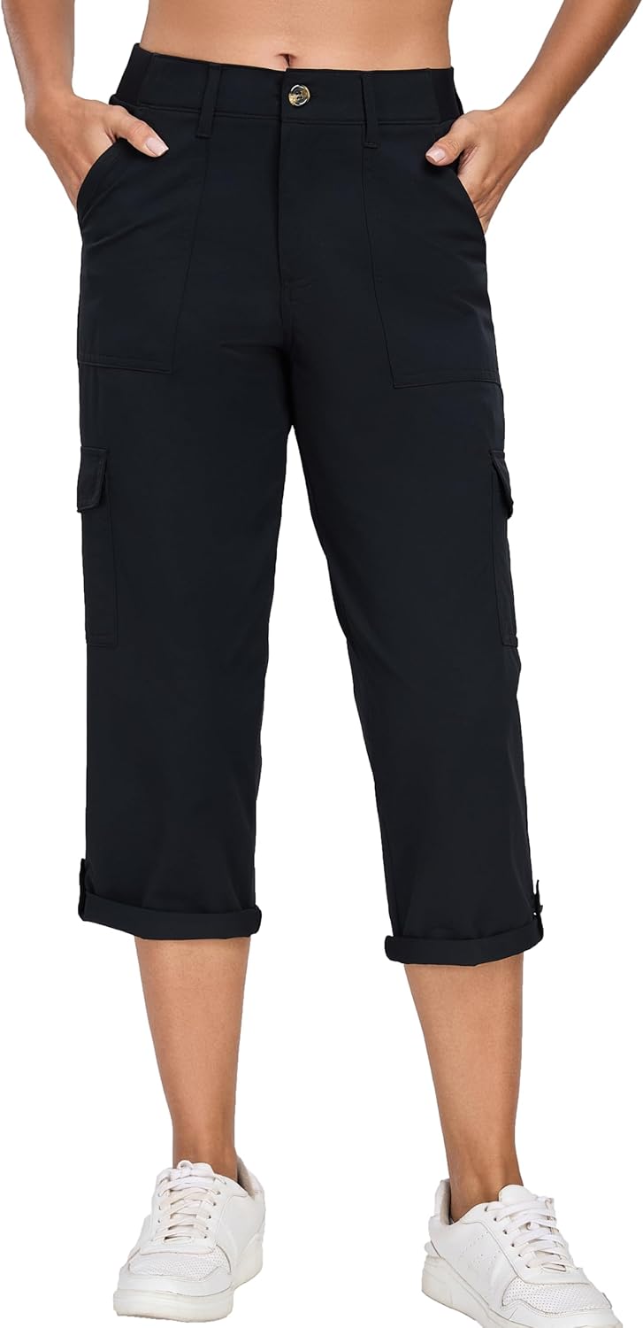 Oalka Women's Cargo Capri Pants Relaxed Fit Knit Waist Cropped Pant Casual Hiking Capris