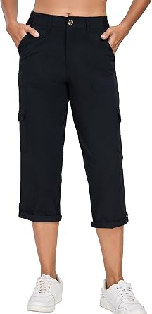 Oalka Womens Cargo Capri Pants Relaxed Fit Knit Waist Cropped Pant Casual Hiking Capris