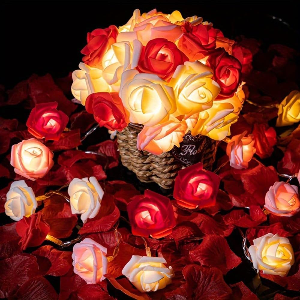 Artificial Rose String Lights, Battery Box Not Included for Home Wedding Festival Holiday Decor, RedPink