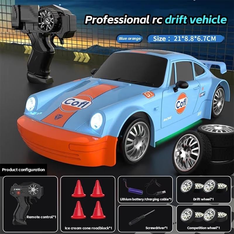 Image of RC Drift Car 4WD High-Speed Remote Control Car with LED Lights 2.4GHz Rechargeable Drift Racing Car with Extra Tires & Cones Toy for kids [Colors as Per Stock] (P-orsce RC Drift -Multicolor)