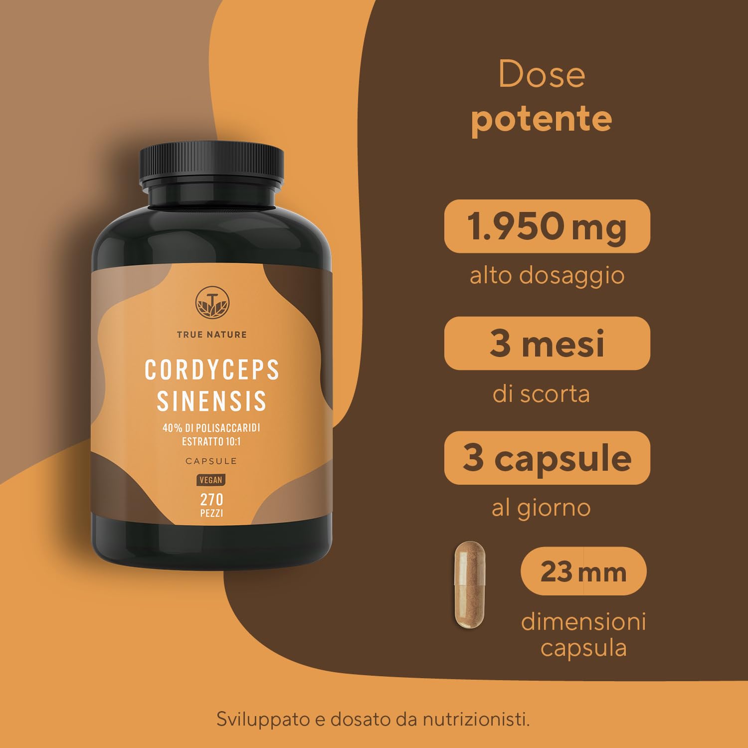 Cordyceps Sinensis - 19500 mg - 270 Capsule (Estratto CS-4 10:1) Alto dosaggio - con 40% di Polisaccaridi Bioattivi - Analizzato in Italia e confezionato in Germania da TRUE NATURE