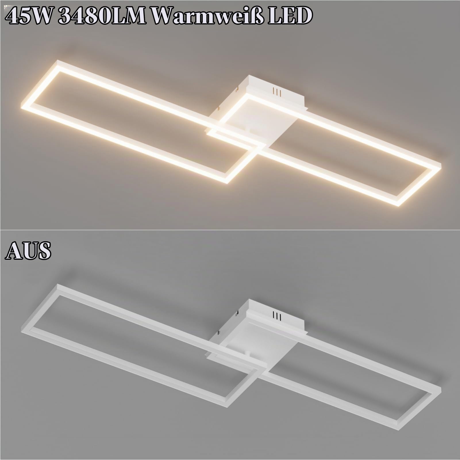 Klighten Deckenleuchte LED Deckenlampe 45W 3480 Lumen, Wohnzimmerlampe aus Aluminium Modern Deckenbeleuchtung für Schlafzimmer Küche Wohnzimmer Flur, 96 x 35 x 8 cm, Warmweiß 3000K, Weiß