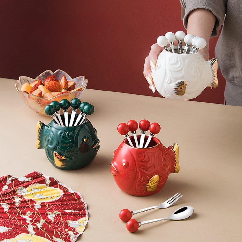 4.3インチの小さな魚のセラミック保存瓶、ステンレススチールのフルーツフォーク、フルーツスティック、ケーキフォークセット、デザート,