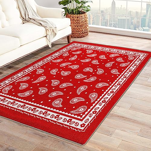 ZDABAOEC Red Bandana Rug, 5x7 Rug, Paisley Area Rugs for
