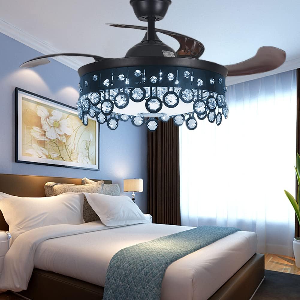 42" Chandelier Ceiling Fan with Speaker and 7 Colorful Dimmabel Light, Retractable Ceiling Fan with Remote Control 3 Speed Black Fandelier for Dining/Living Room