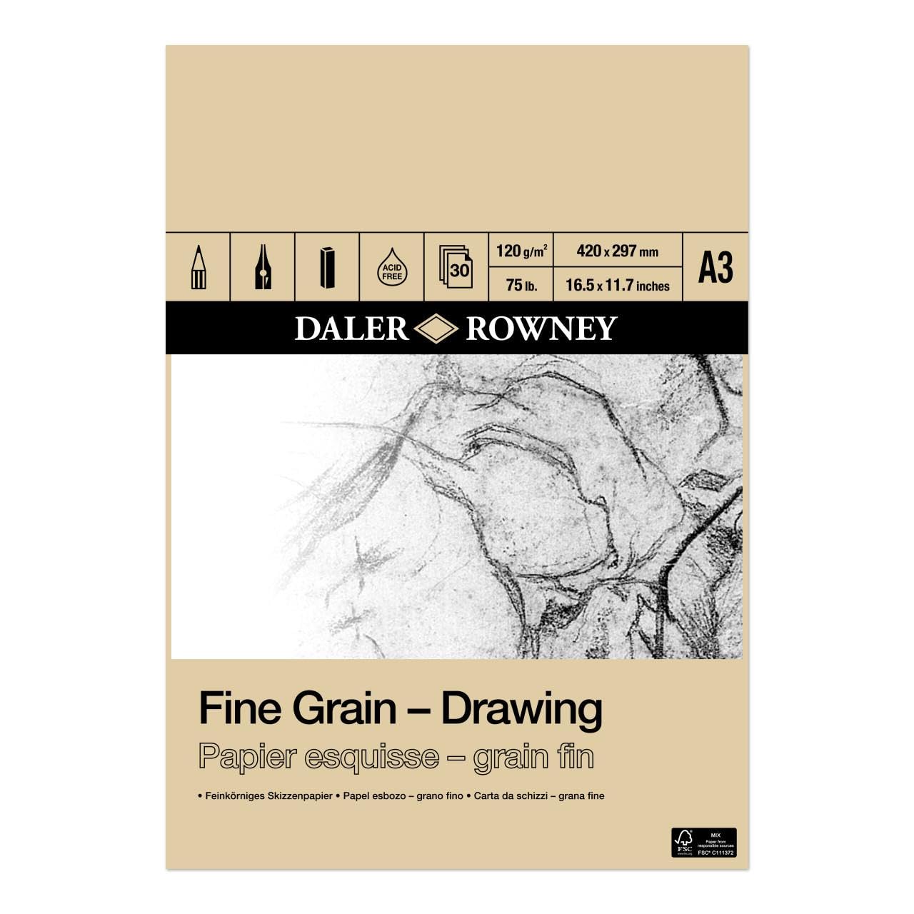 Daler-Rowney Fine Grain Lightly Textured 120gsm A3 Drawing Paper Pad, Glued 1 Side, 30 White Sheets, For Professional Artists & Students