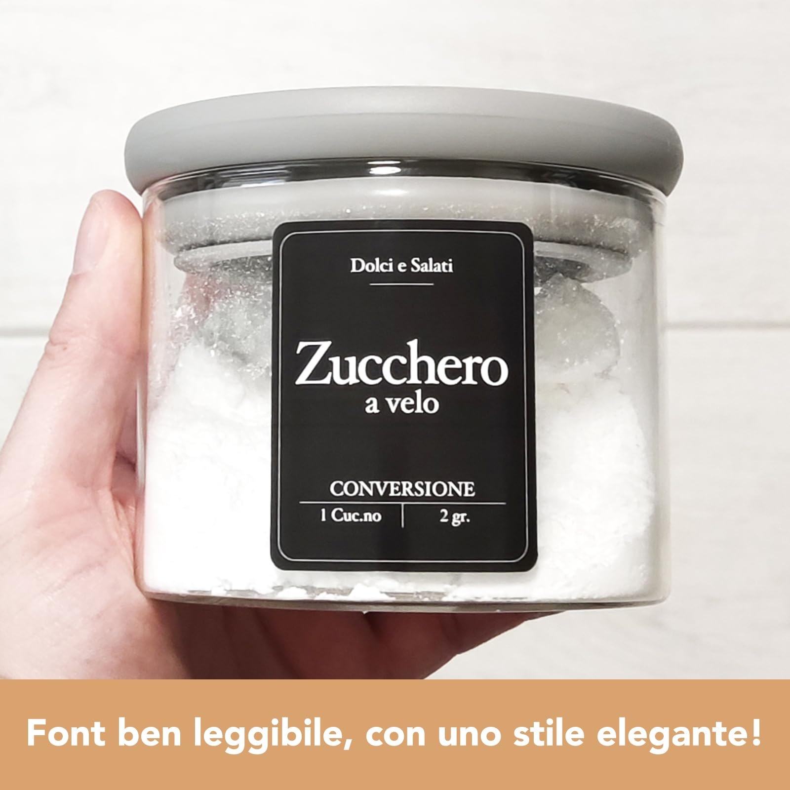 Etiquetas adhesivas impermeables lavables para tarros dulces salados negros italiano con tabla de conversión