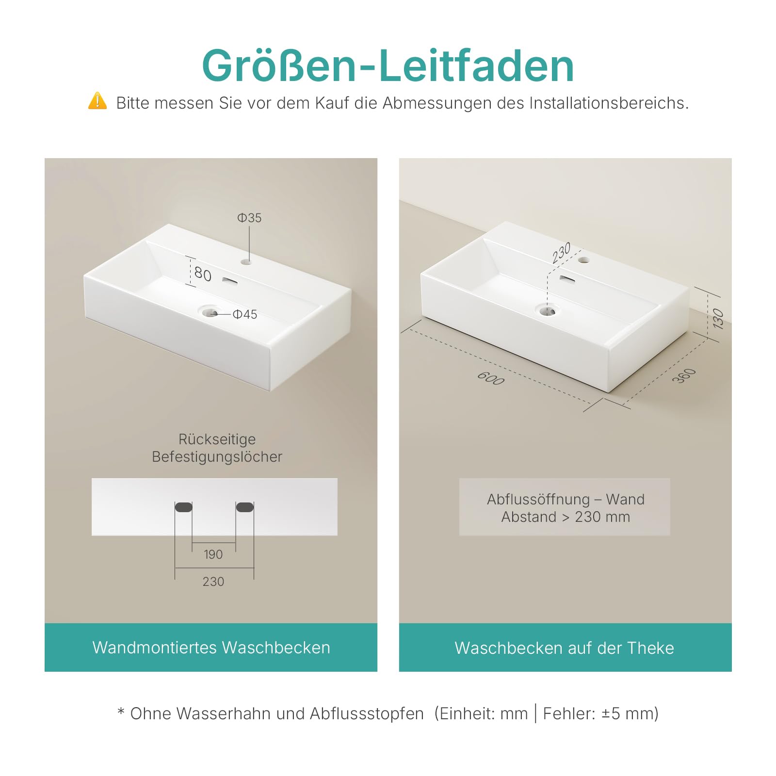EMKE Waschbecken Eckiges Design Handwaschbecken, Hochwertige Keramik Hängewaschbecken mit dünnem Rand, Waschtisch Für Badezimmer Gäste-WC (600x360x130mm, Weiß)