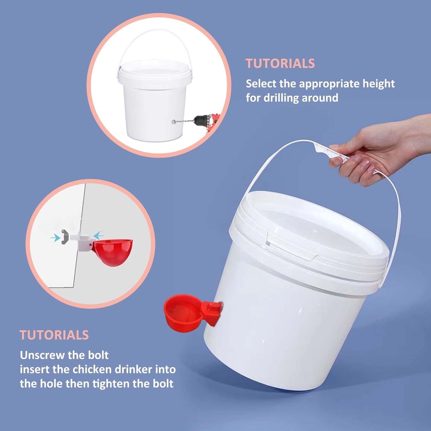 6 bebederos para Pollos, dispensador de Agua para Pollos, Bebedero automático para Aves de Corral, Bebedero para gallinas, Accesorios para gallinas, Juego de dispensador de Agua con Taladro