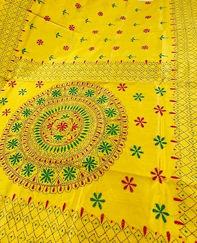 Image of SHRISTI CLOTHINGS Women's Hand Embroidered Cotton Silk Kantha Stitch Saree with Blouse Piece (SB420324 YELLOWD91)