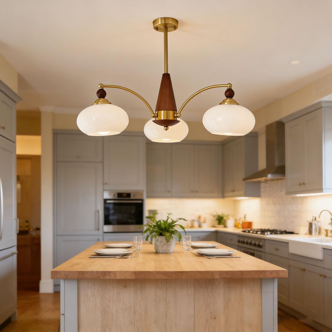 Mid Century Modern Chandelier 3-Light Milk Glass Pendant Light Brushed Brass Sputnik Chandelier Light Fixture Wood Grain Globe Hanging Light for Dining Room Bedroom Farmhouse