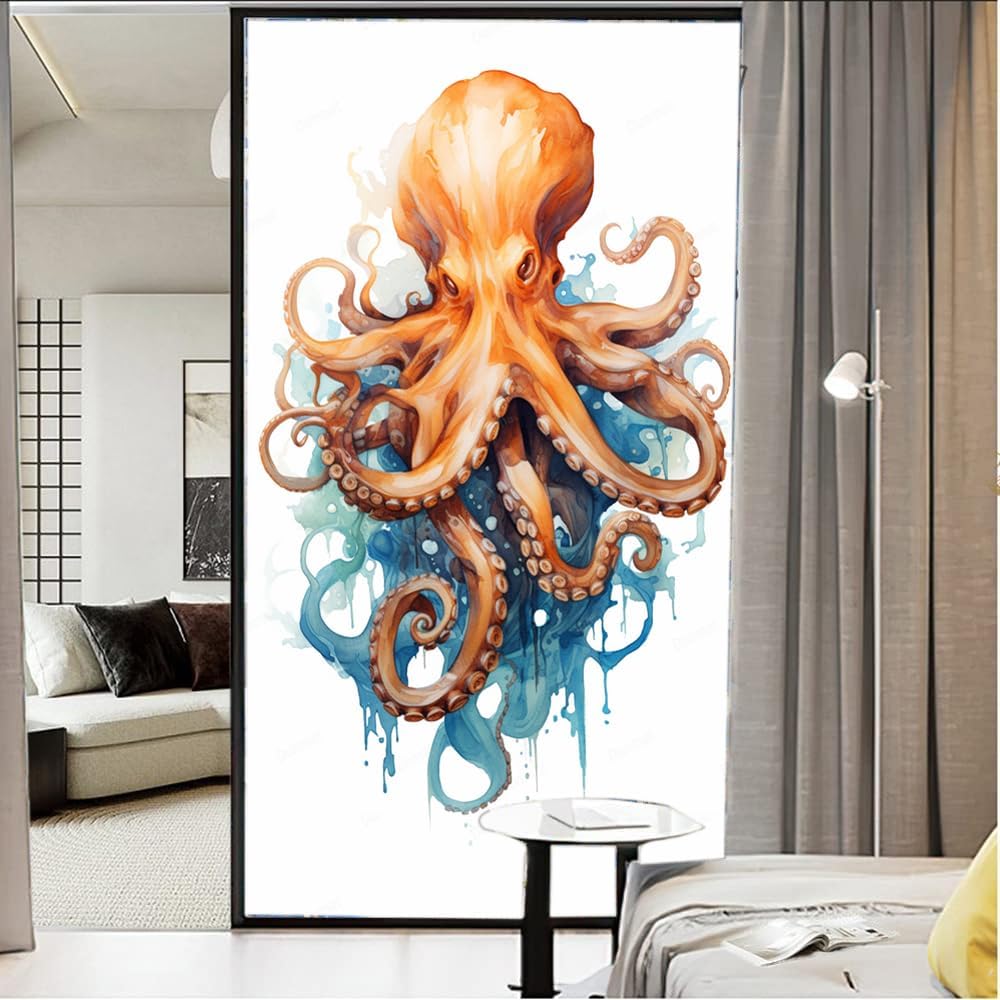 Mystery Octopus Window Privacy Film Blue Painting Modern Orange Animals Stained Glass Window Film Sun Blocking Heat Control Decorative Window Covering Film for Home Office 35.4Wx63L inch