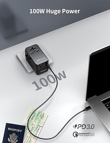 Miniatura 3 de MOMAX Adaptador de viaje universal, adaptador de corriente internacional de 100W rápido GaN, adaptador de viaje de 2PD USB-C+2QC USB-A, adaptador de