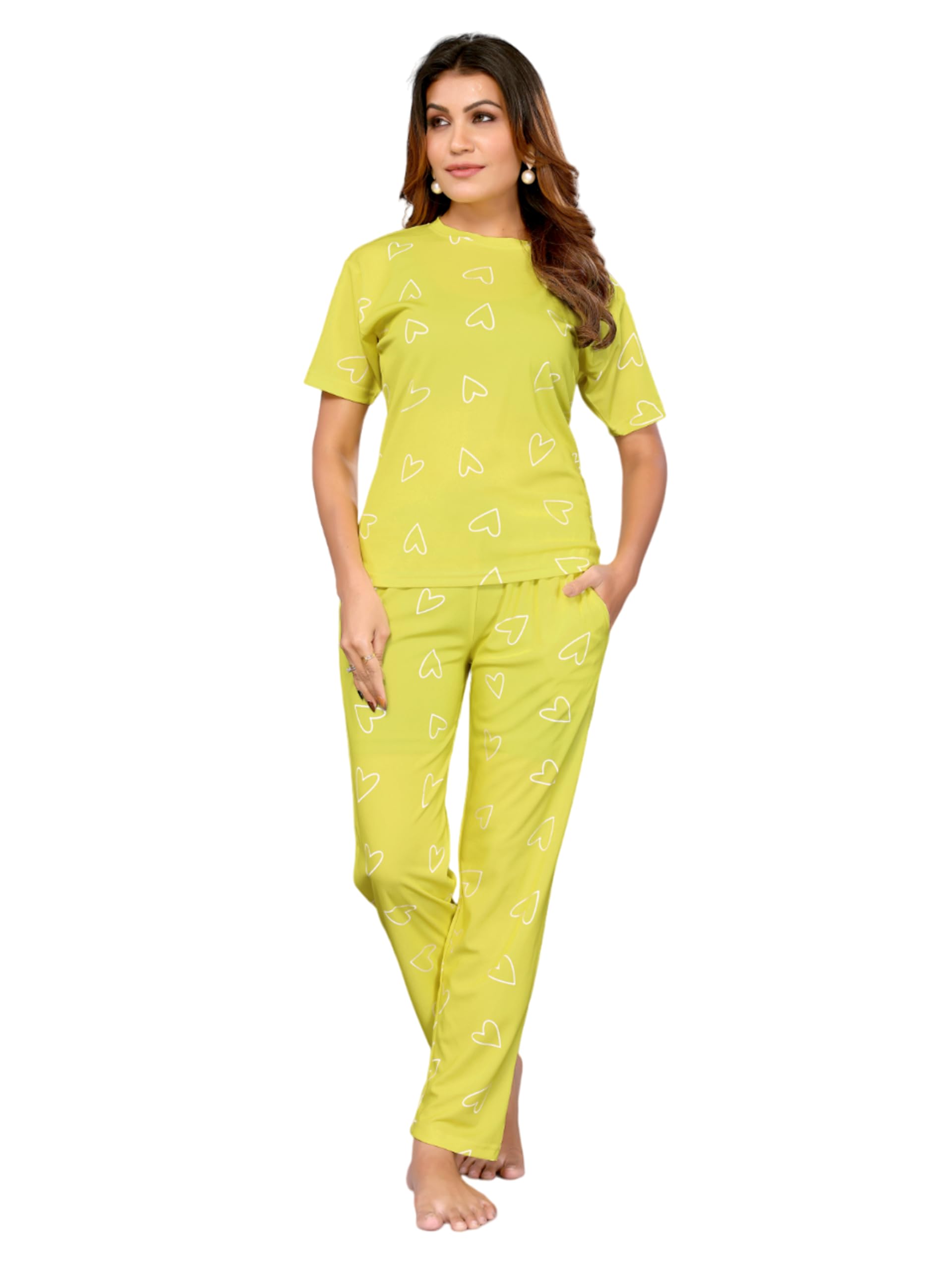 Women's Poly Cotton Printed Woven Round Neck T-shirt&Trouser Co-Ord Set |Night Suite Set| Top&Bottom Set-image-14