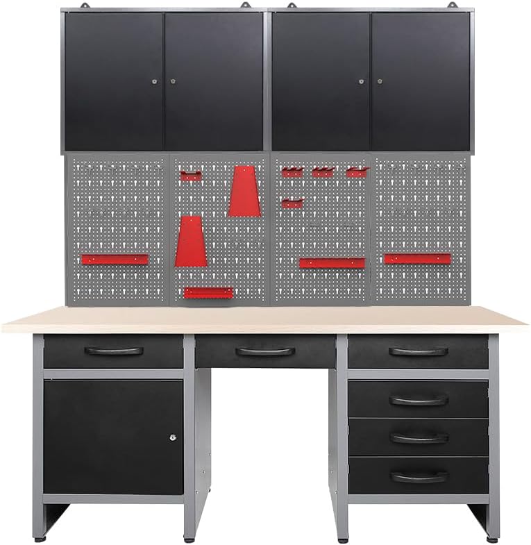 Garage Tool Storage System with Workbench Set, Includes 10 Red Tool Holders & 12 Hooks for Tool Organization