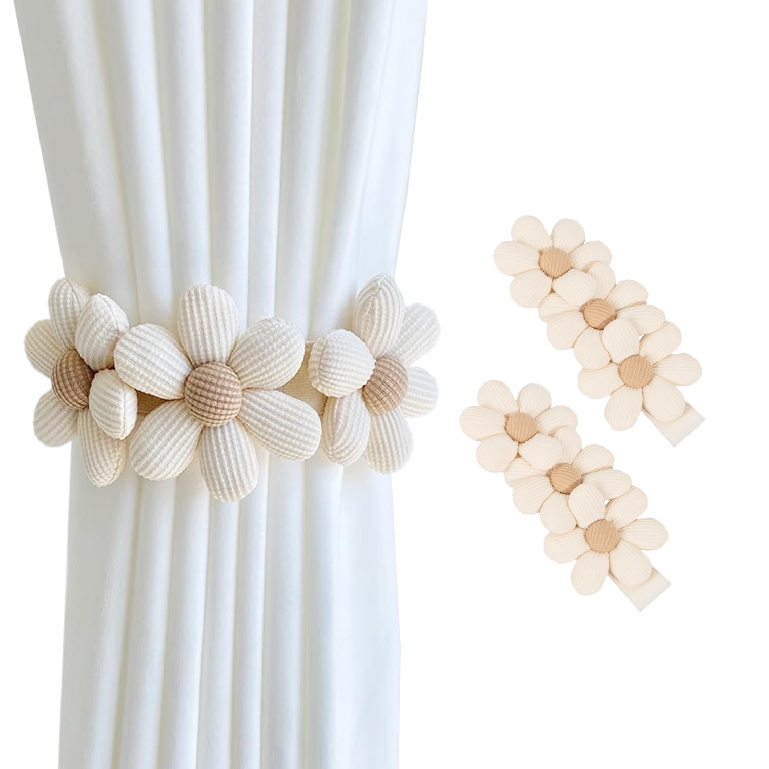 SRG Curtain Tiebacks for Curtains 2 Pack, Decorative Curtain Holdbacks for Drapes, Handmade Tie Backs No Drilling for Home Bedroom Window Decor – Daisy Cream