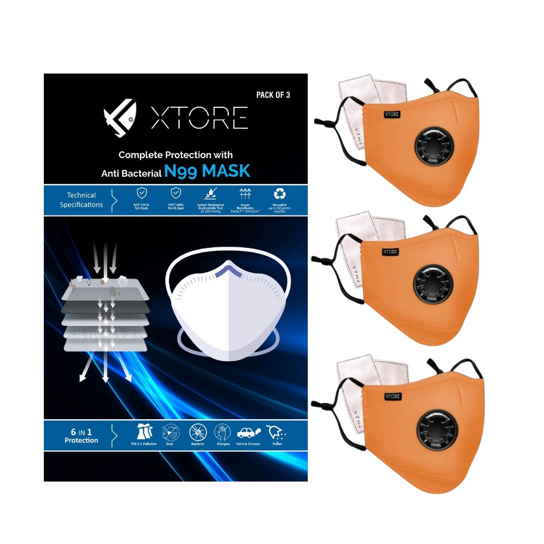 Xtore Certified N99 FDA CE Washable Ultra Comfortable Colored mask with Replaceable 5 layer filter (Pack of 3 mask and 6 filters,Apricot Orange)-image-15