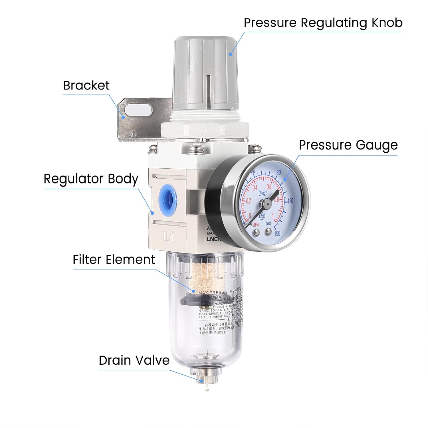 1/4 Inch NPT Air Filter Pressure Regulator, Water Separator Compressed Air Pressure Regulator for Compressor image 2