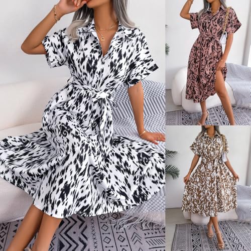 fdsmall Womens Boho Maxi Dress Summer Leopard Print Casual Short Sleeve Dress Floral Midi Tshirt Dresses (UK, Alpha, L, Regular, Regular, White) - Image 5