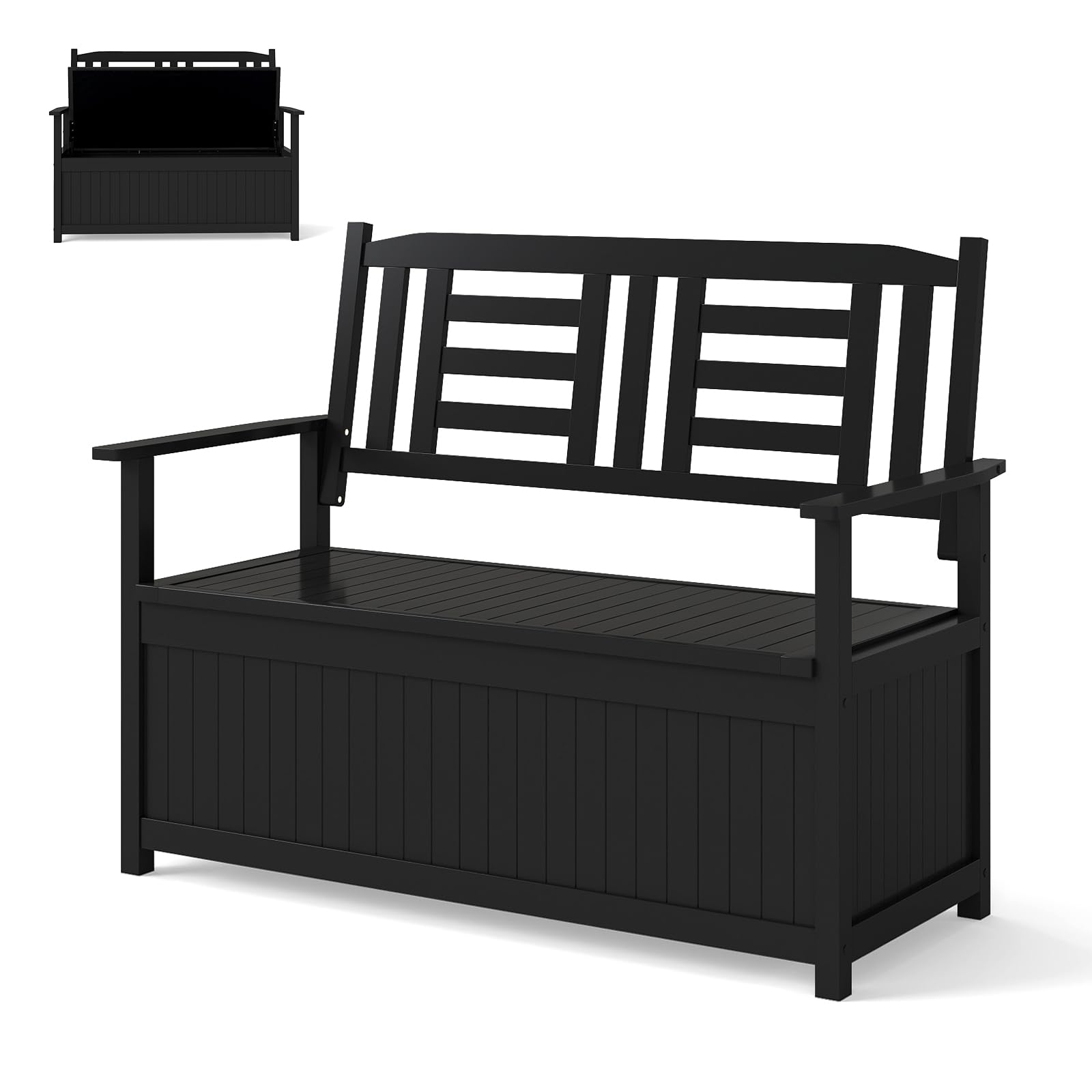 COSTWAY Gartenbank Holz mit Stauraum, wetterfeste Truhenbank, 2-Sitzer Holzbank mit integrierter Kissenbox, Balkonbank, Sitzbank für Garten, Balkon, Terrasse, 123 x 68,5 x 96 cm (Schwarz)