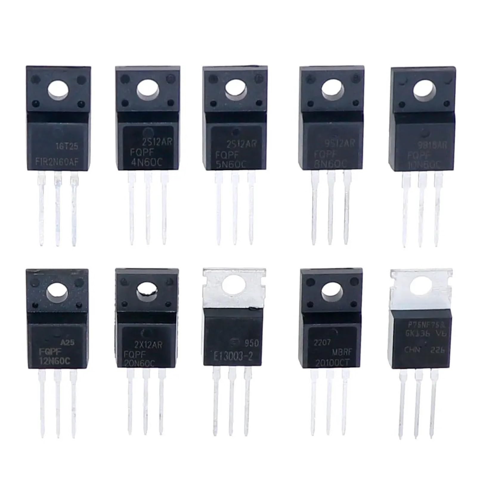 50Pcs 10Values TO-220 Mosfet Field-Effect Transistor Kit Box 2N60 4N60 5N60 8N60 10N60 12N60 20N60 13003 MBR20100 75NF75(50pcs 10Value Mix)
